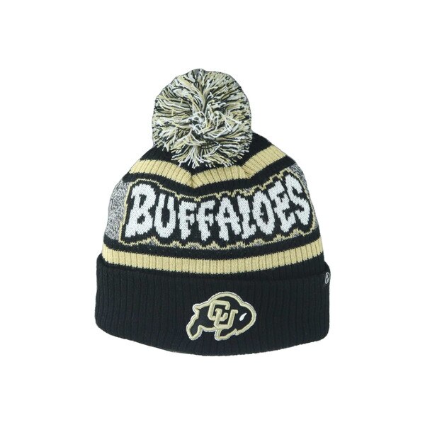 A black beanie with multi-sized gold and grey stripes. The word "Buffaloes" is knit in white on the front, and the cuff features a CU Buffaloes logo. There is a gold, black, and white pom on the top.